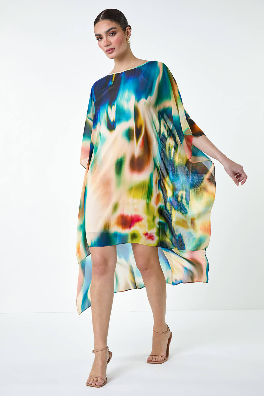 Beige Abstract Print Chiffon Draped Tunic Dress