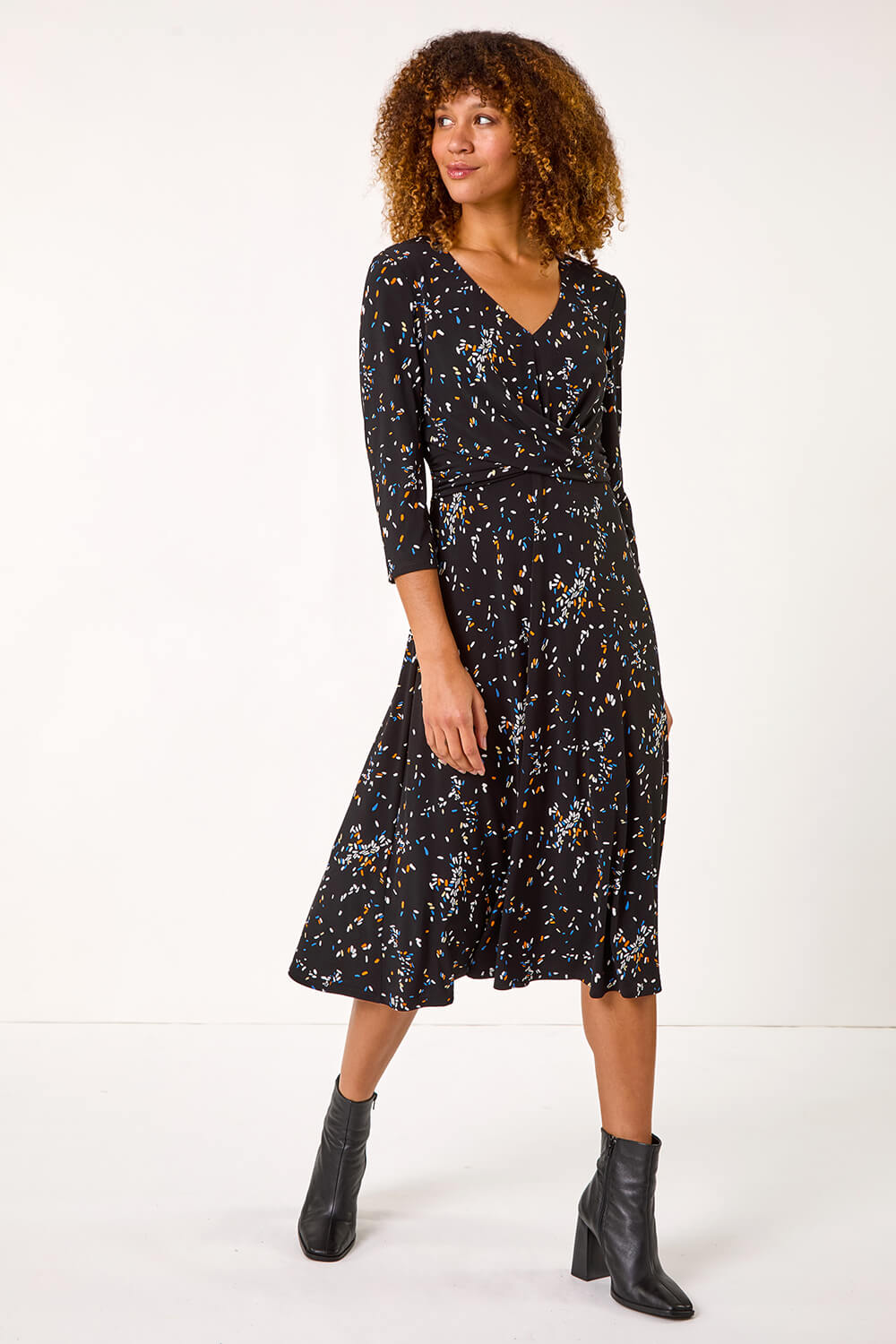 Black Confetti Print Twist Midi Dress