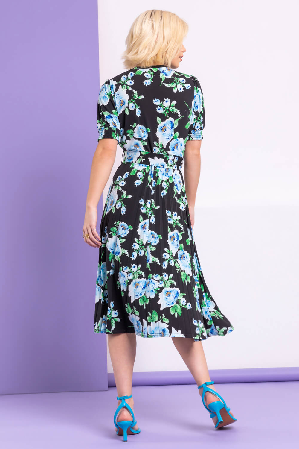 Black Floral Pleated Fit & Flare Dress
