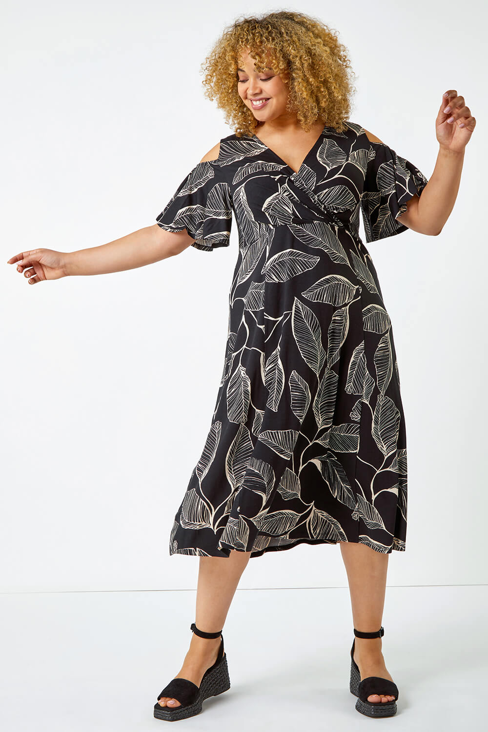 Black Curve Cold Shoulder Floral Wrap Dress