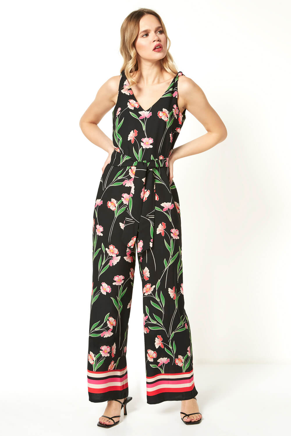 Black Floral Border Print Jumpsuit