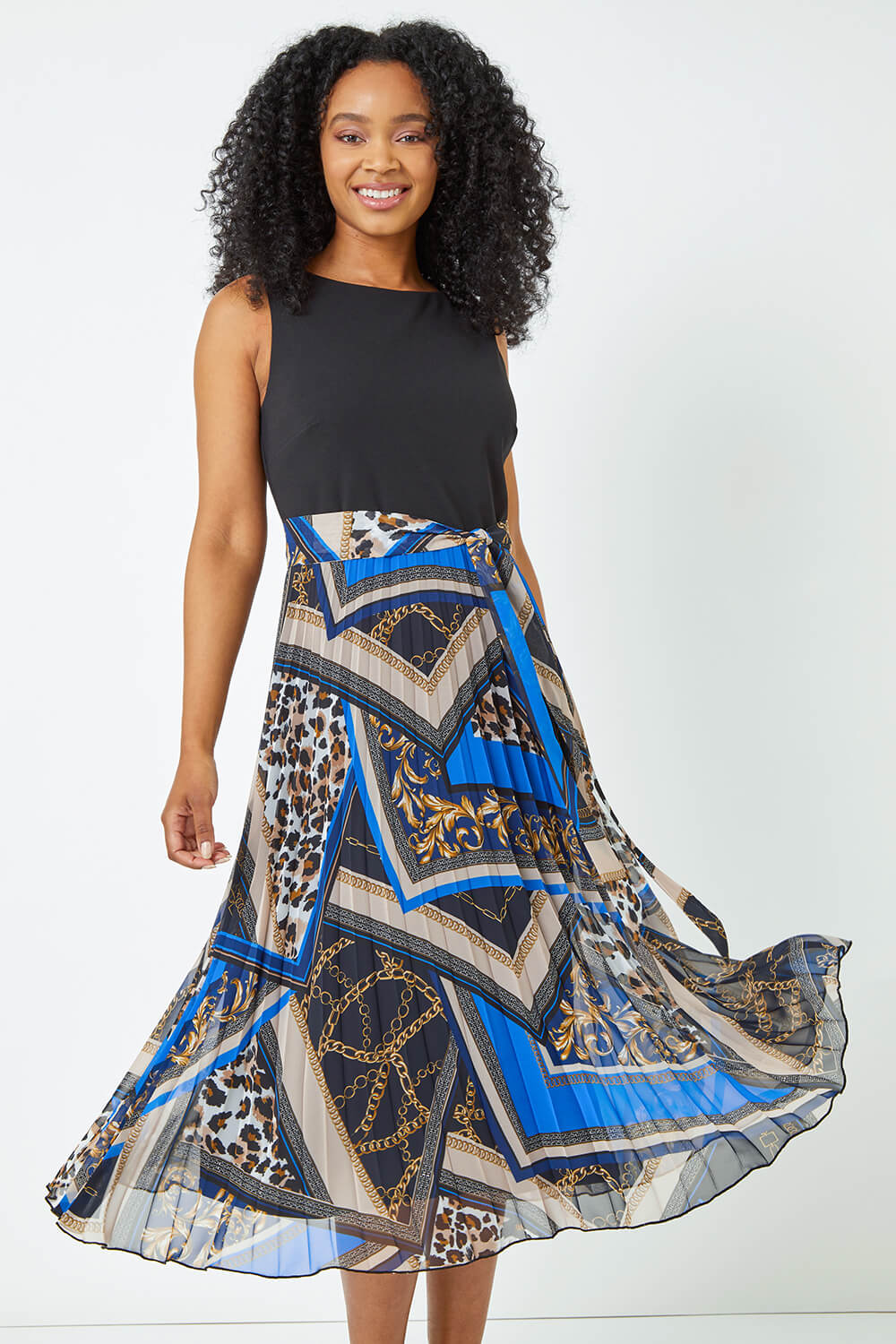 Black Petite Sleeveless Pleated Chiffon Midi Dress