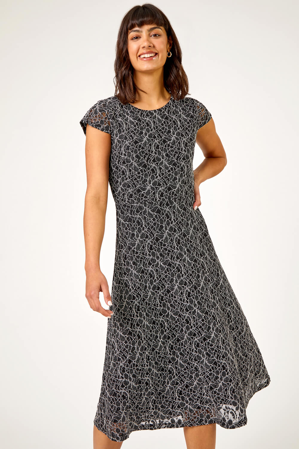 Black Glitter Stretch Lace Midi Dress