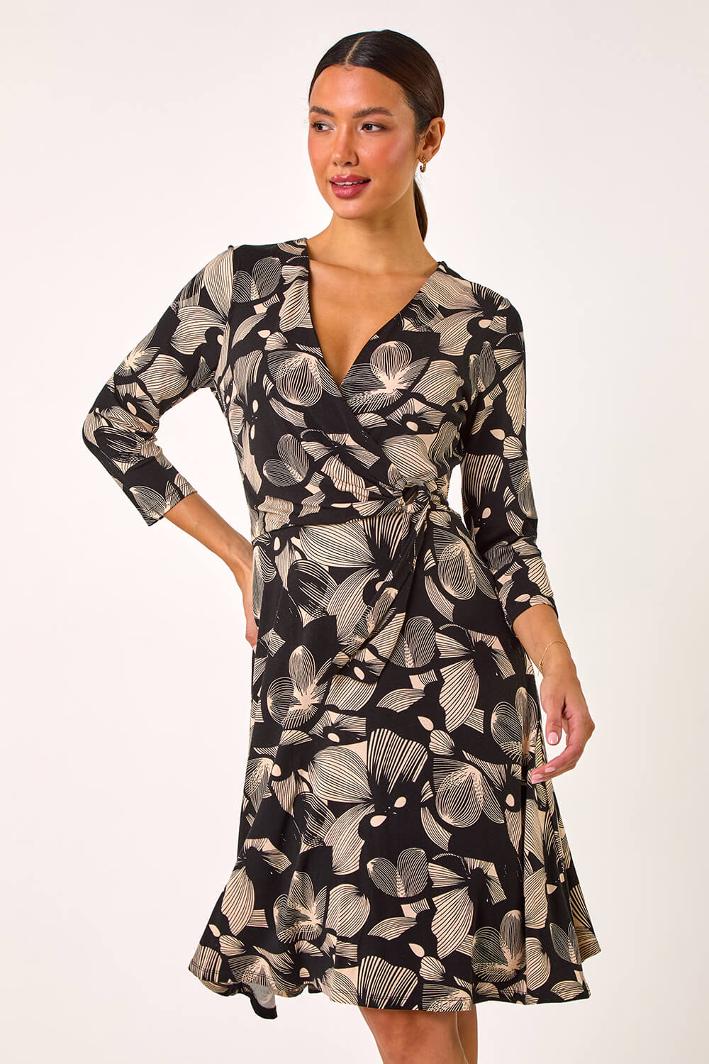 Black Floral Print Wrap Front Stretch Dress