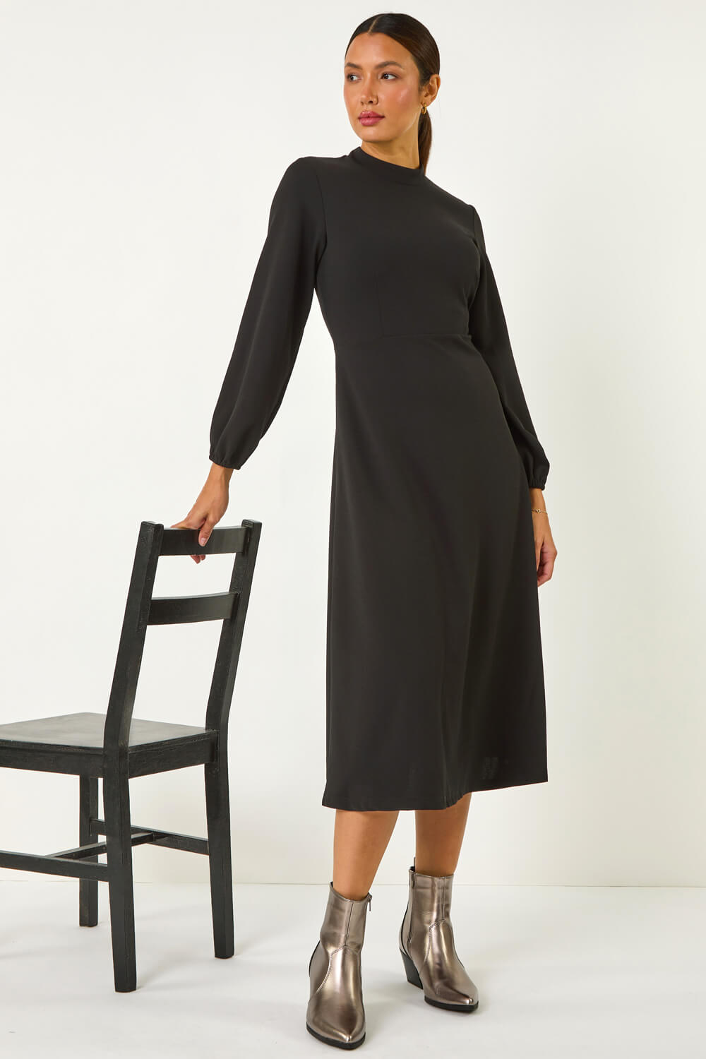 Black High Neck Fit & Flare Stretch Dress