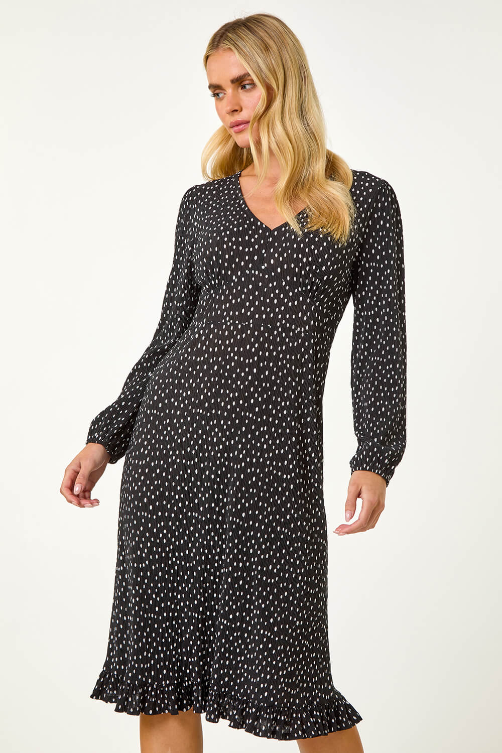 Black Petite Plisse Spot Frill Dress