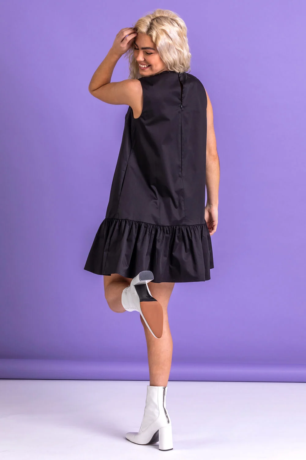 Black Cotton Sateen Tiered Frill Shift Dress