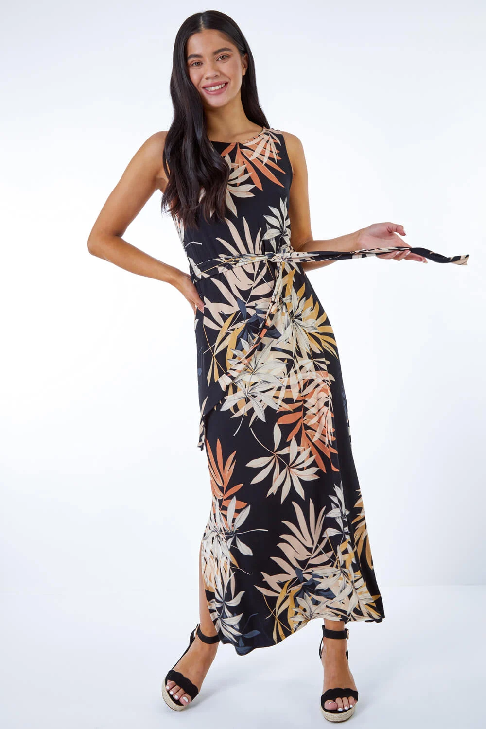 Black Petite Leaf Print Stretch Jersey Dress