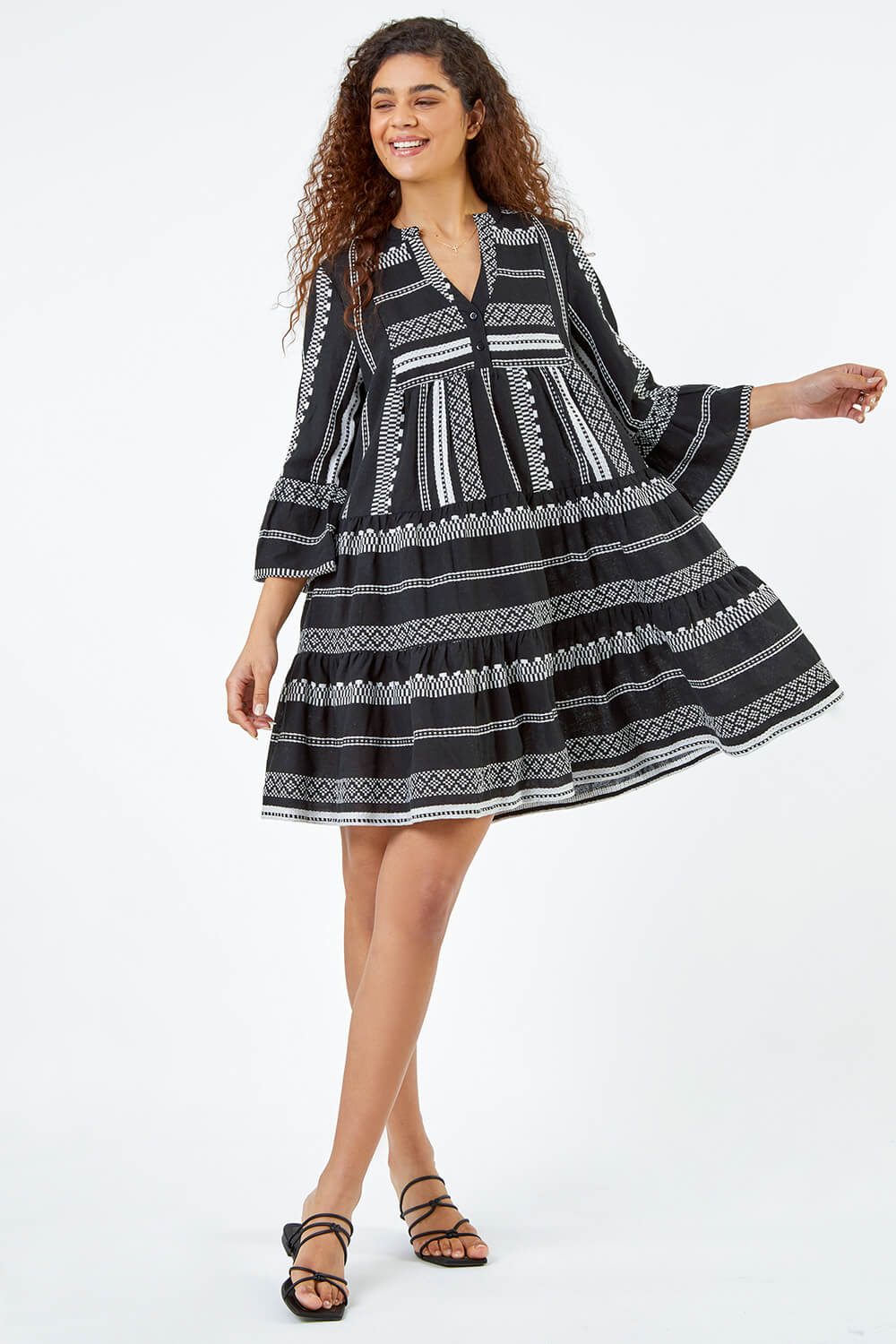 Black Aztec Print Cotton Smock Dress