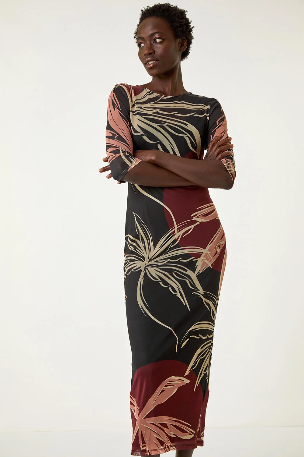 Black Palm Print Mesh Maxi Stretch Dress