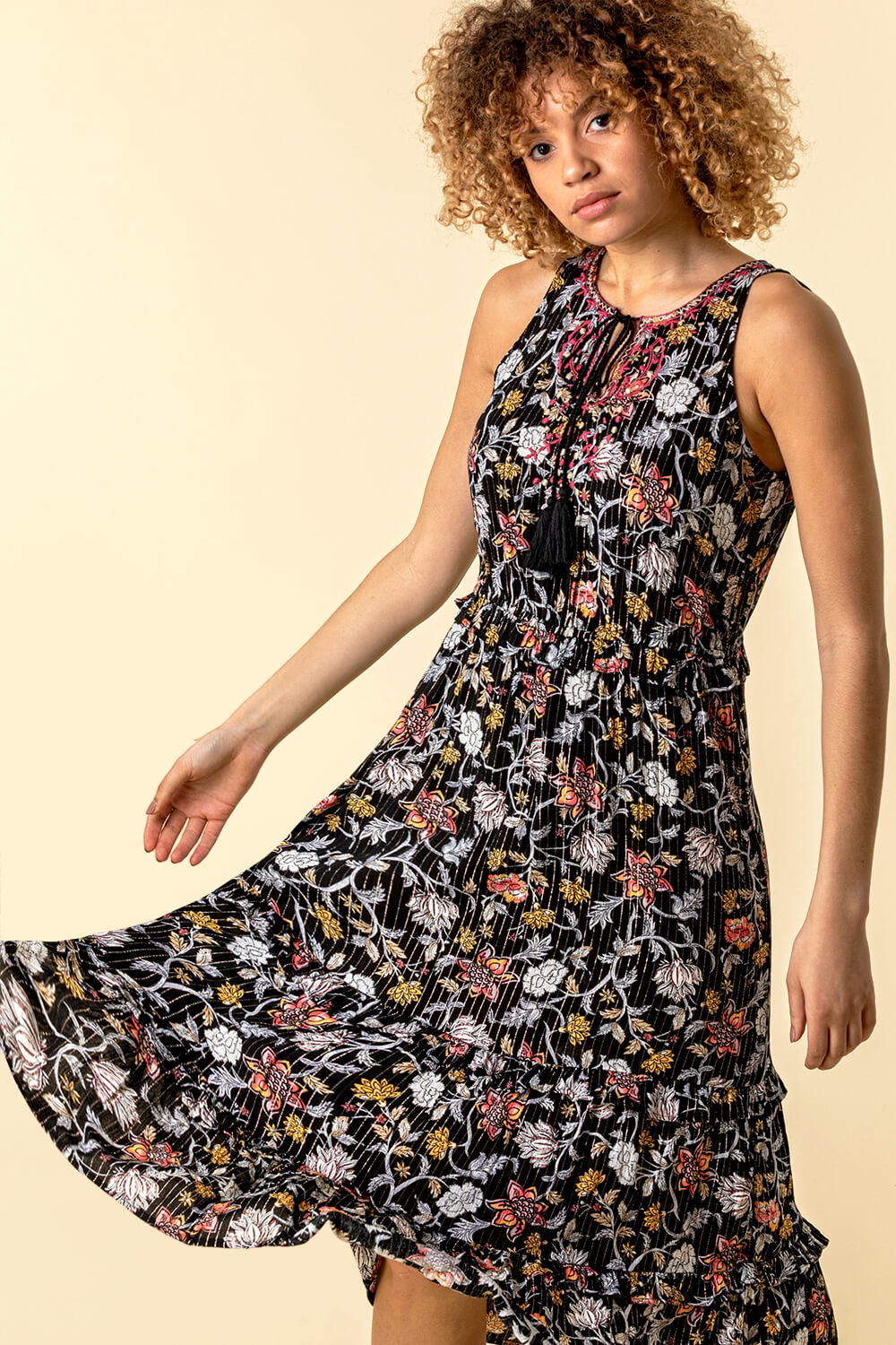 Black Floral Tie Neck Tiered Dress