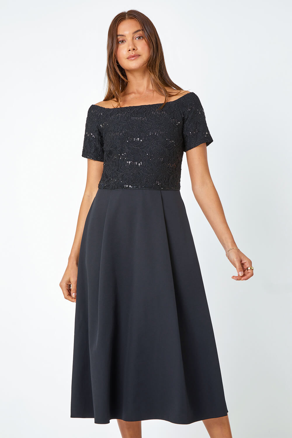 Black Lace Bardot Midi Stretch Dress