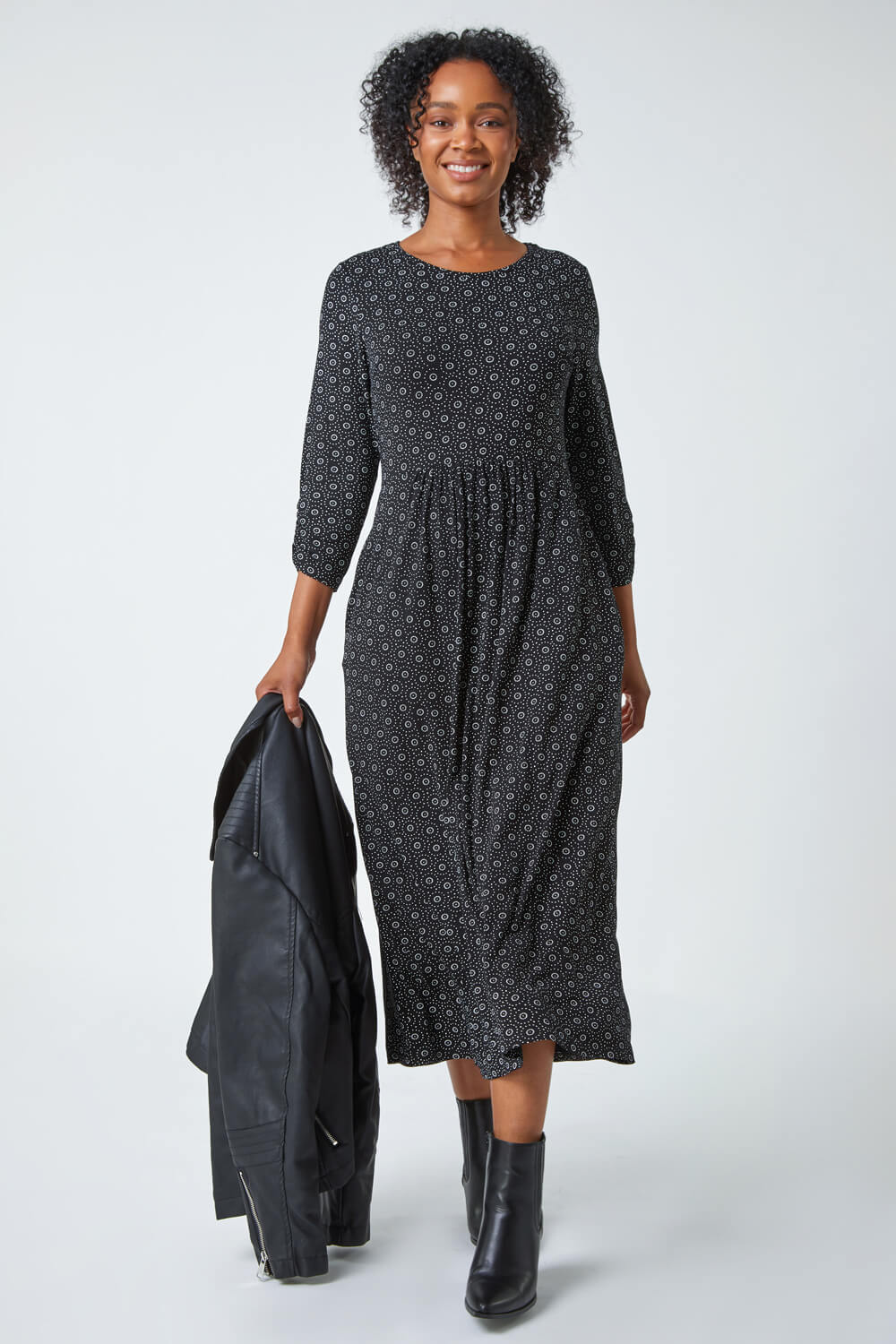 Black Petite Spot Pocket Stretch Ruched Midi Dress