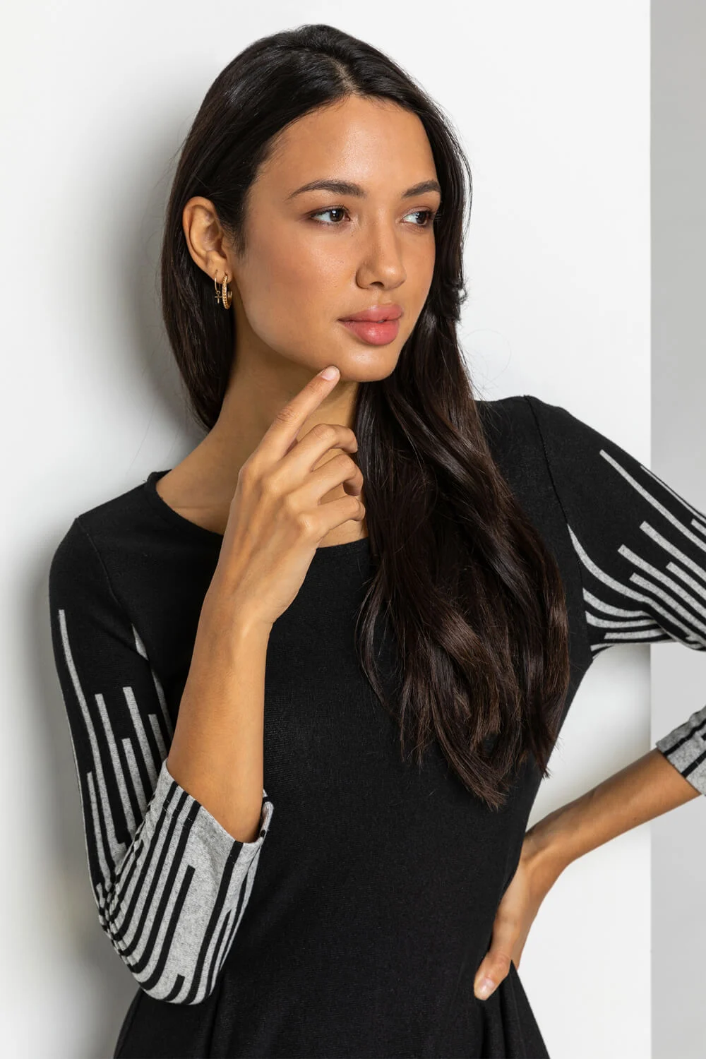 Black Border Stripe Hanky Hem Asymmetric Swing Dress
