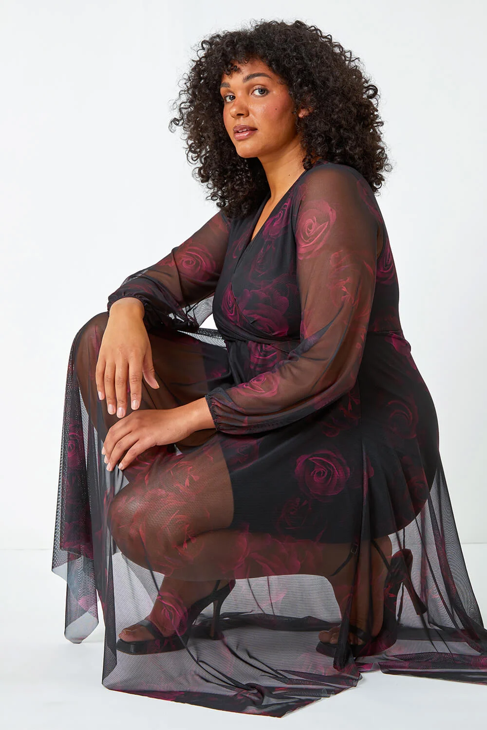 Black Curve Floral Mesh Overlay Wrap Dress