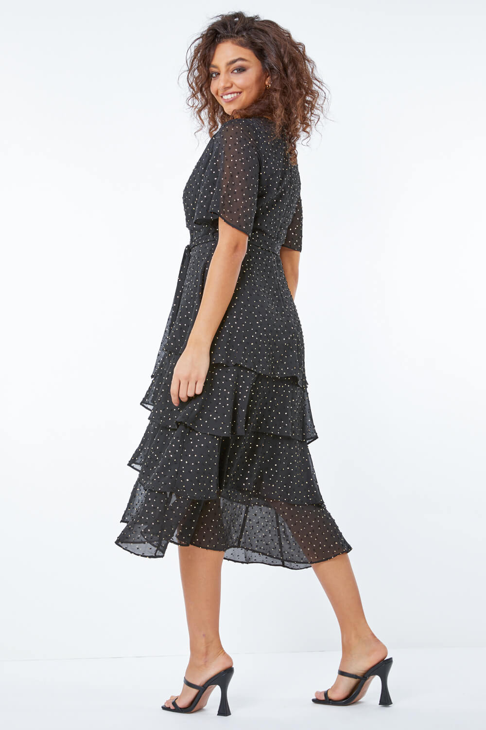 Black Petite Spot Print Tiered Frill Midi Dress