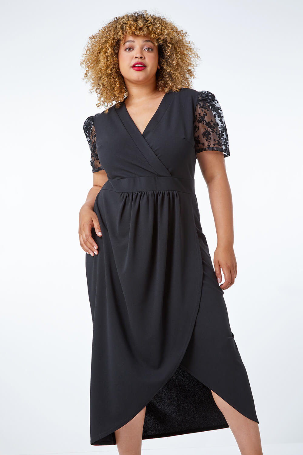 Black Curve Floral Sheer Sleeve Wrap Dress