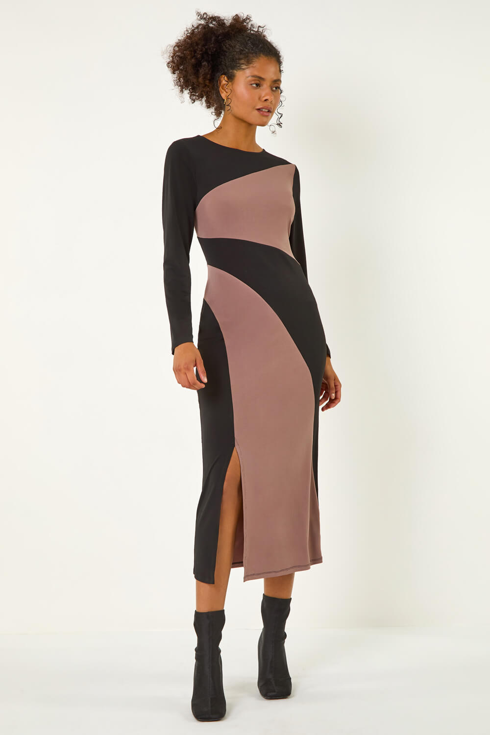 Black Dusk Colour Block Stripe Stretch Midi Dress