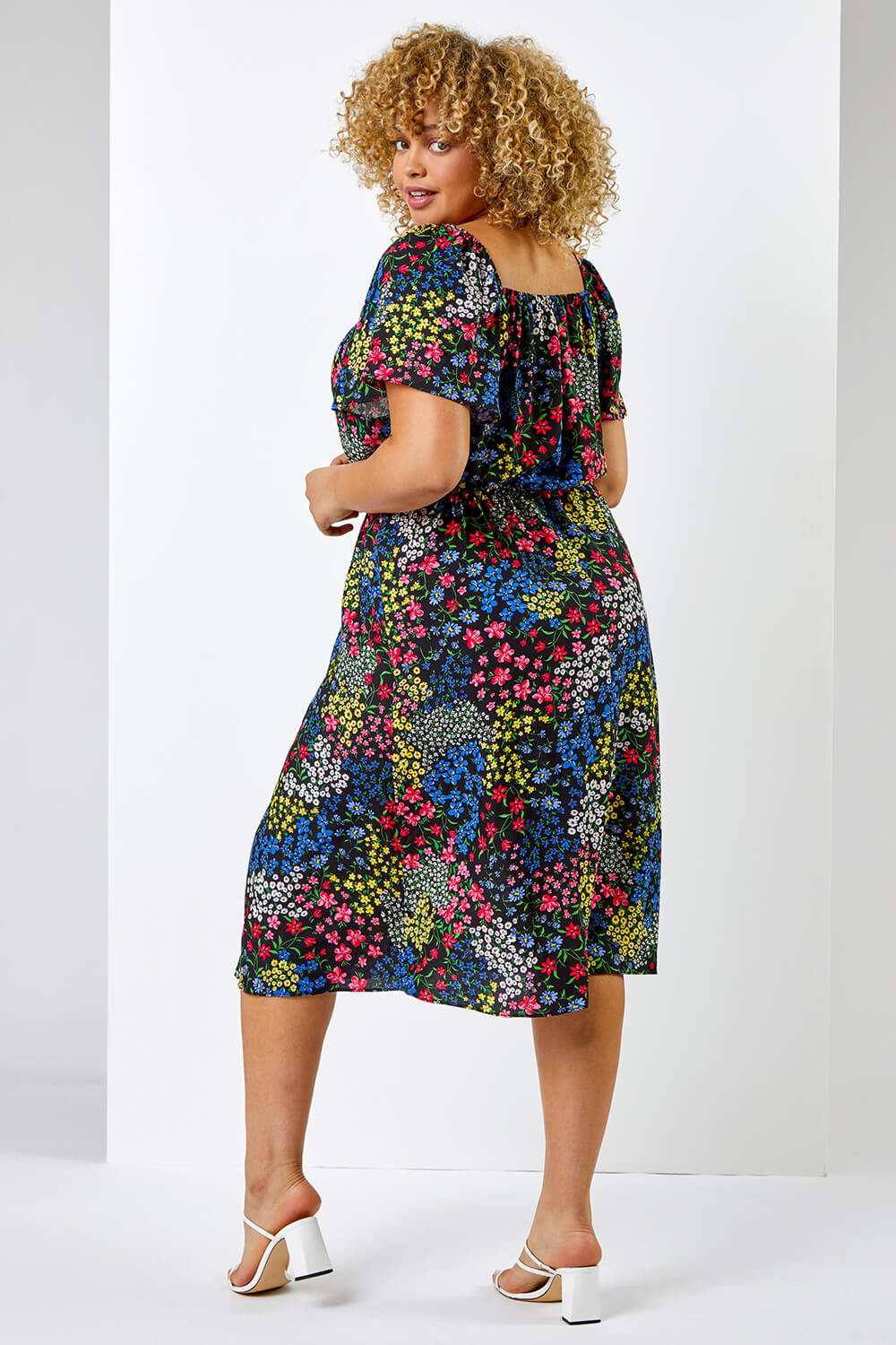 Black Curve Ditsy Floral Print Sweetheart Midi Dress
