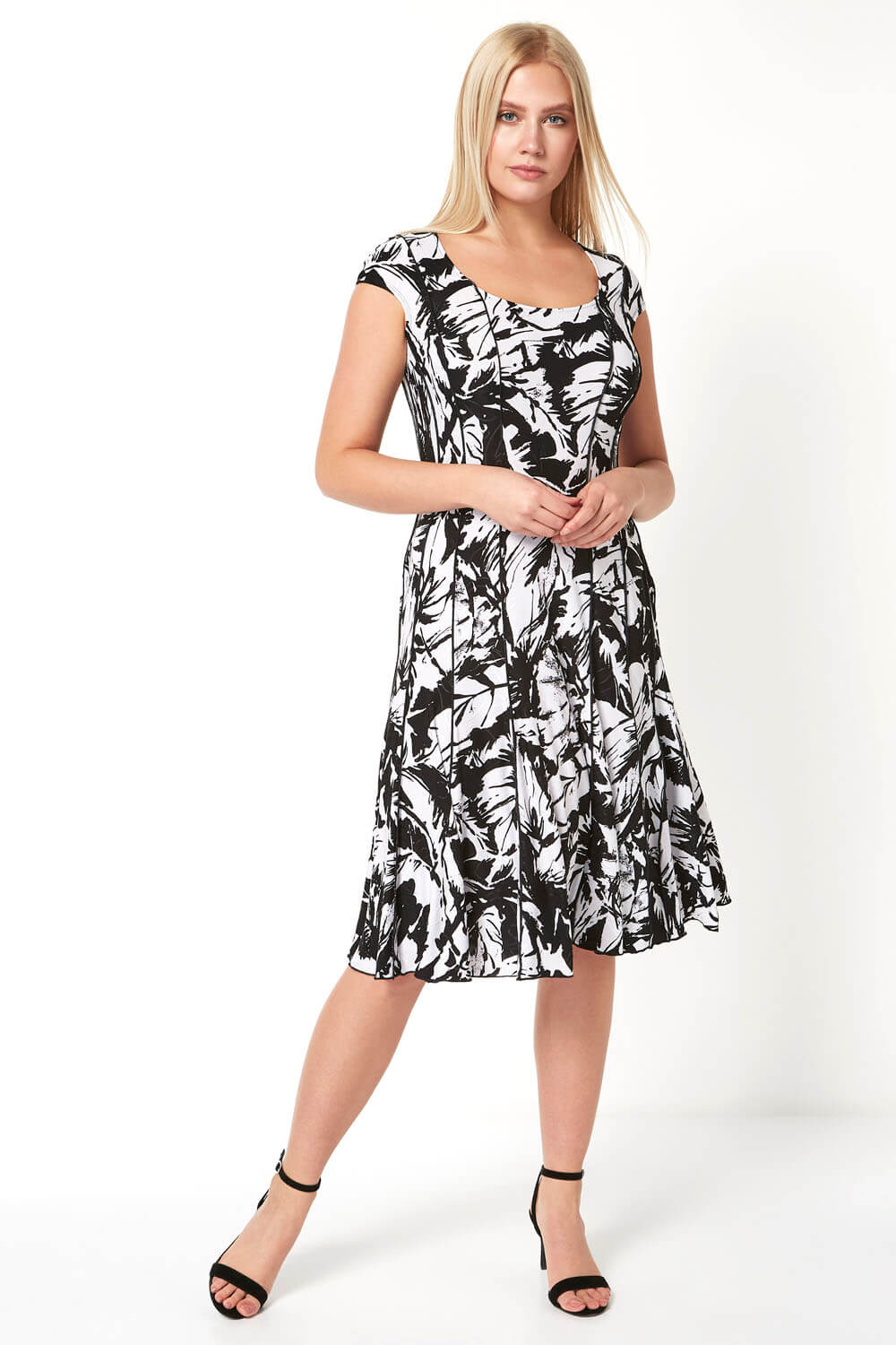 Black Leaf Print Panel Dress