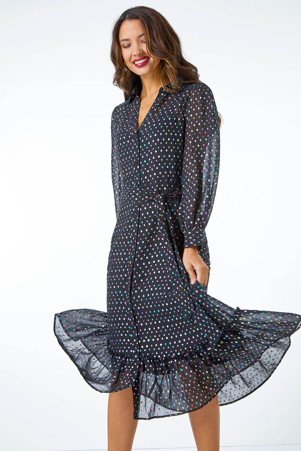 Black Metallic Spot Midi Shirt Dress