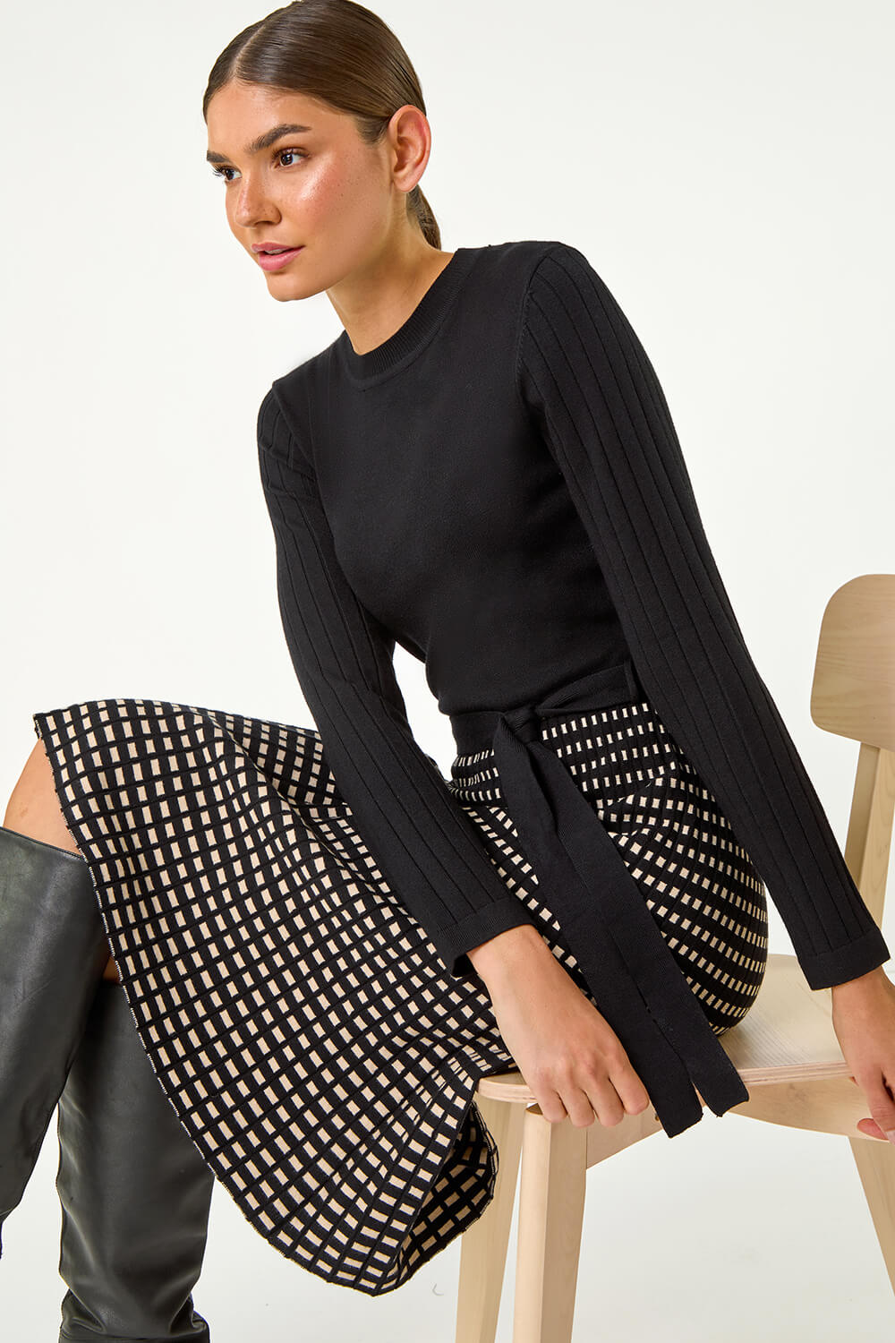 Black Check Print Belted Jumper Dress