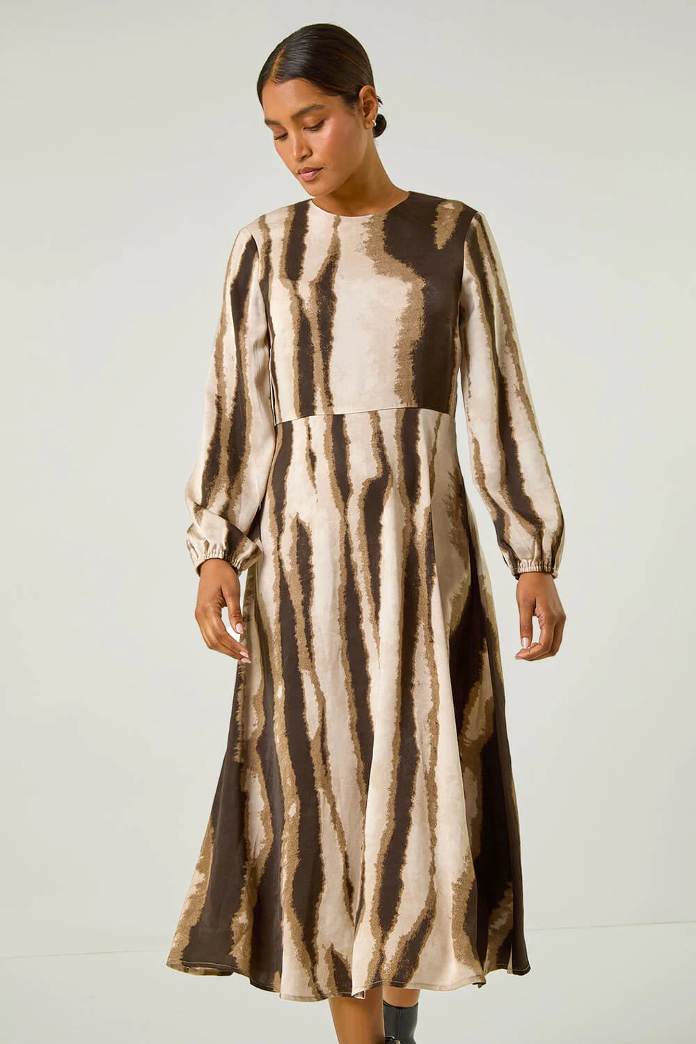 Beige Shadow Stripe Print Midi Dress