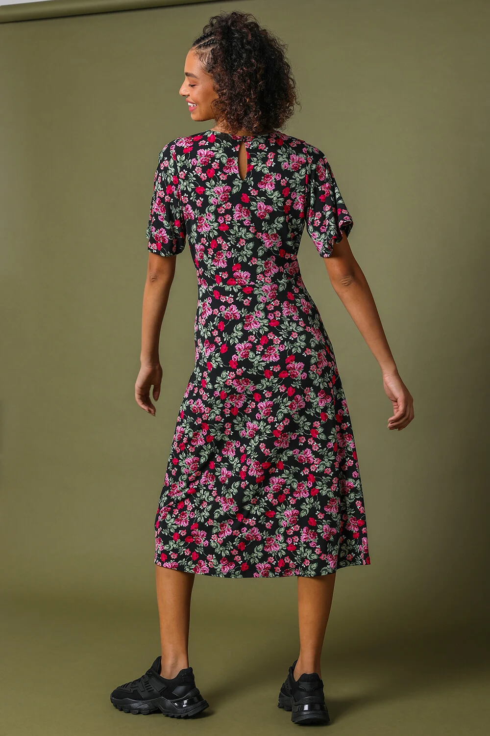 Black Floral Curved Waist Midi Dress