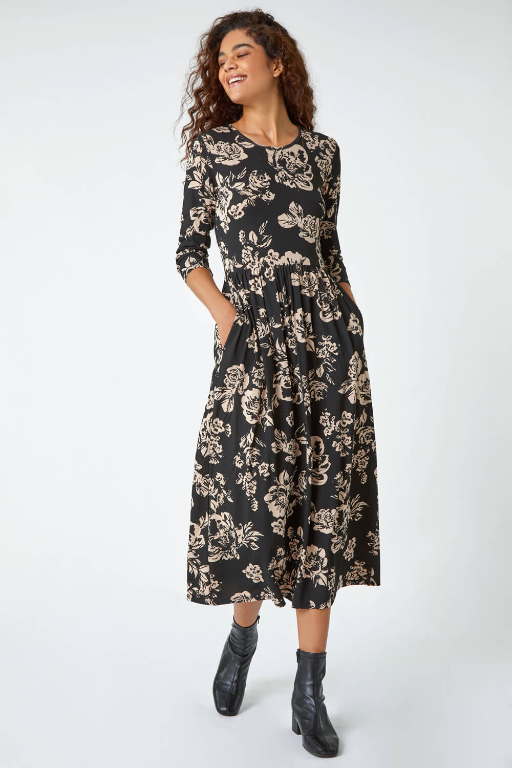Black Floral Pocket Stretch Midi Dress