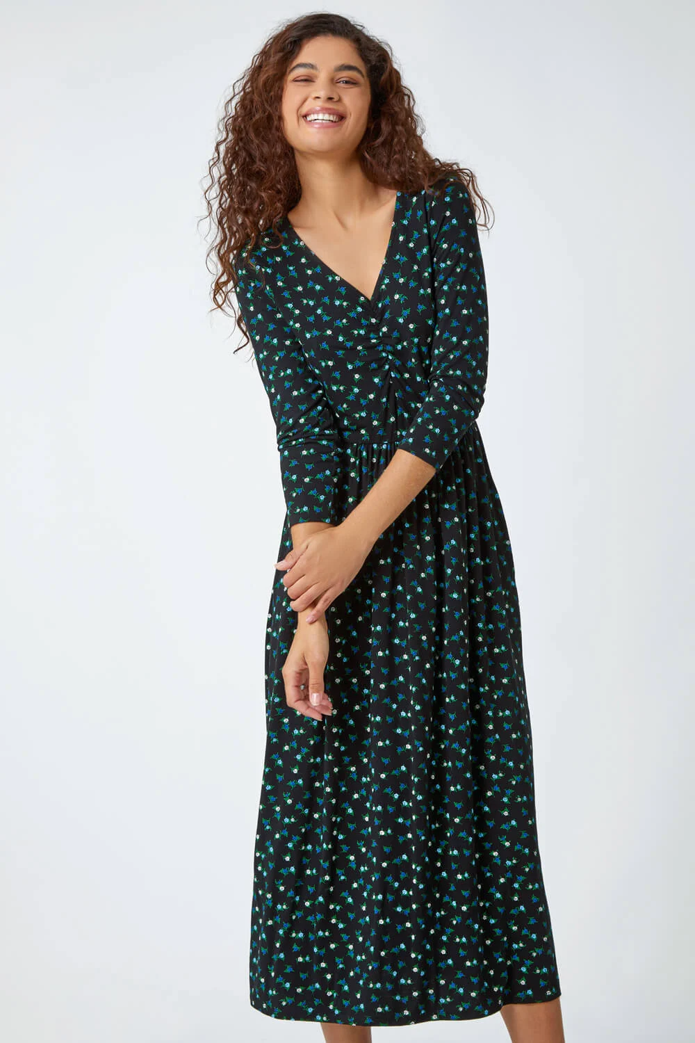 Black Ditsy Print Pocket Midi Stretch Dress