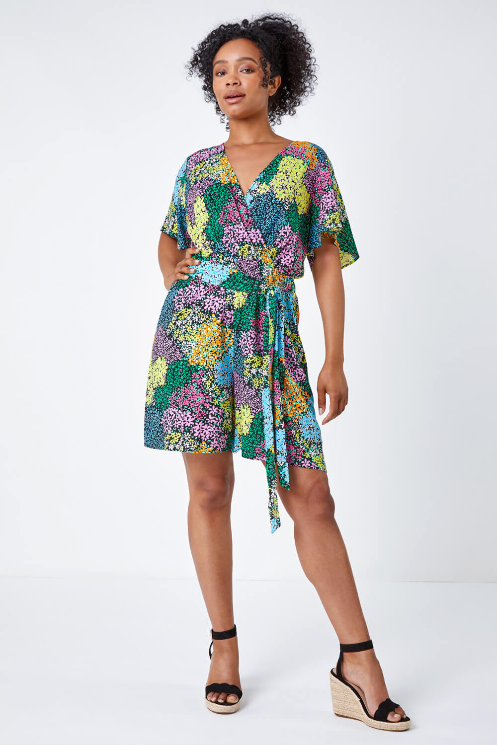 Black Petite Ditsy Floral Belted Wrap Playsuit