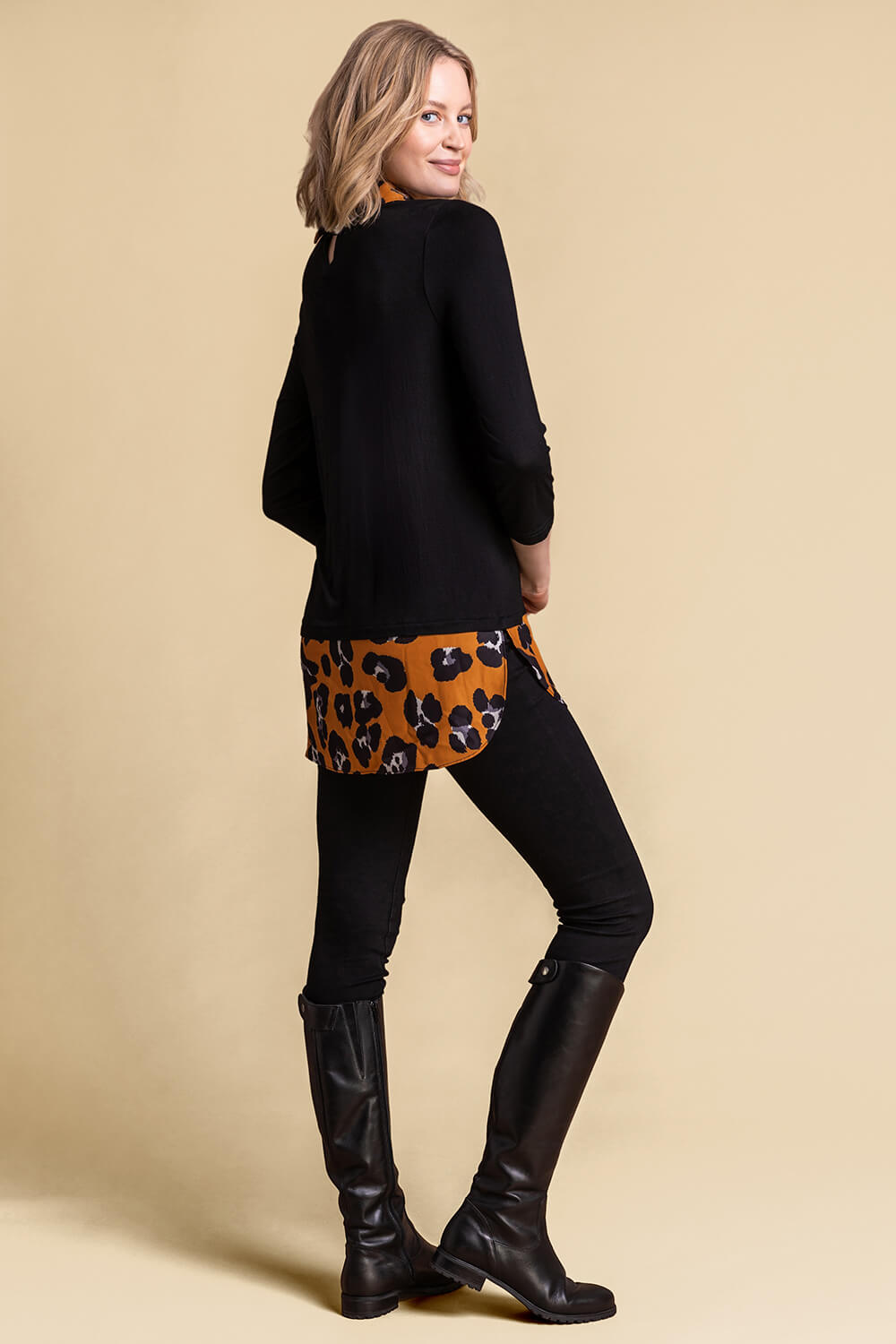 Amber Contrast Detail Animal Print 3/4 Sleeve Top