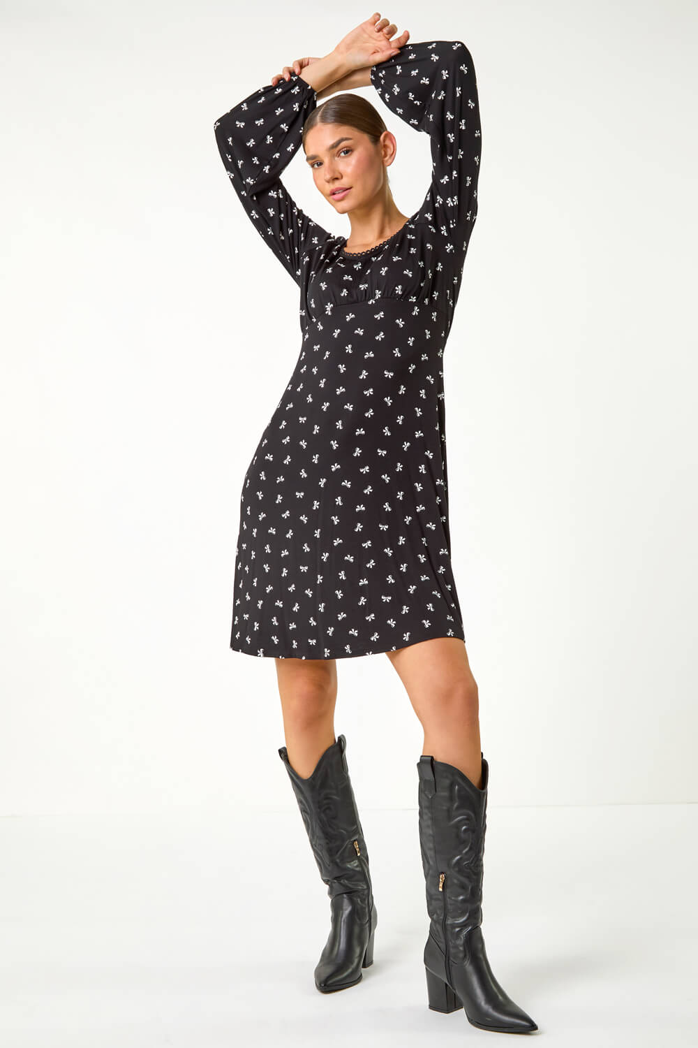 Black Bow Print Lace Detail Stretch Dress