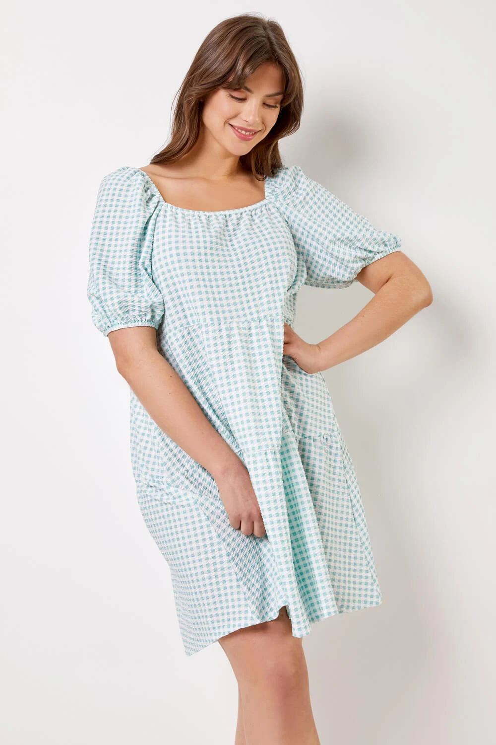 Aqua Curve Gingham Print Tiered Dress