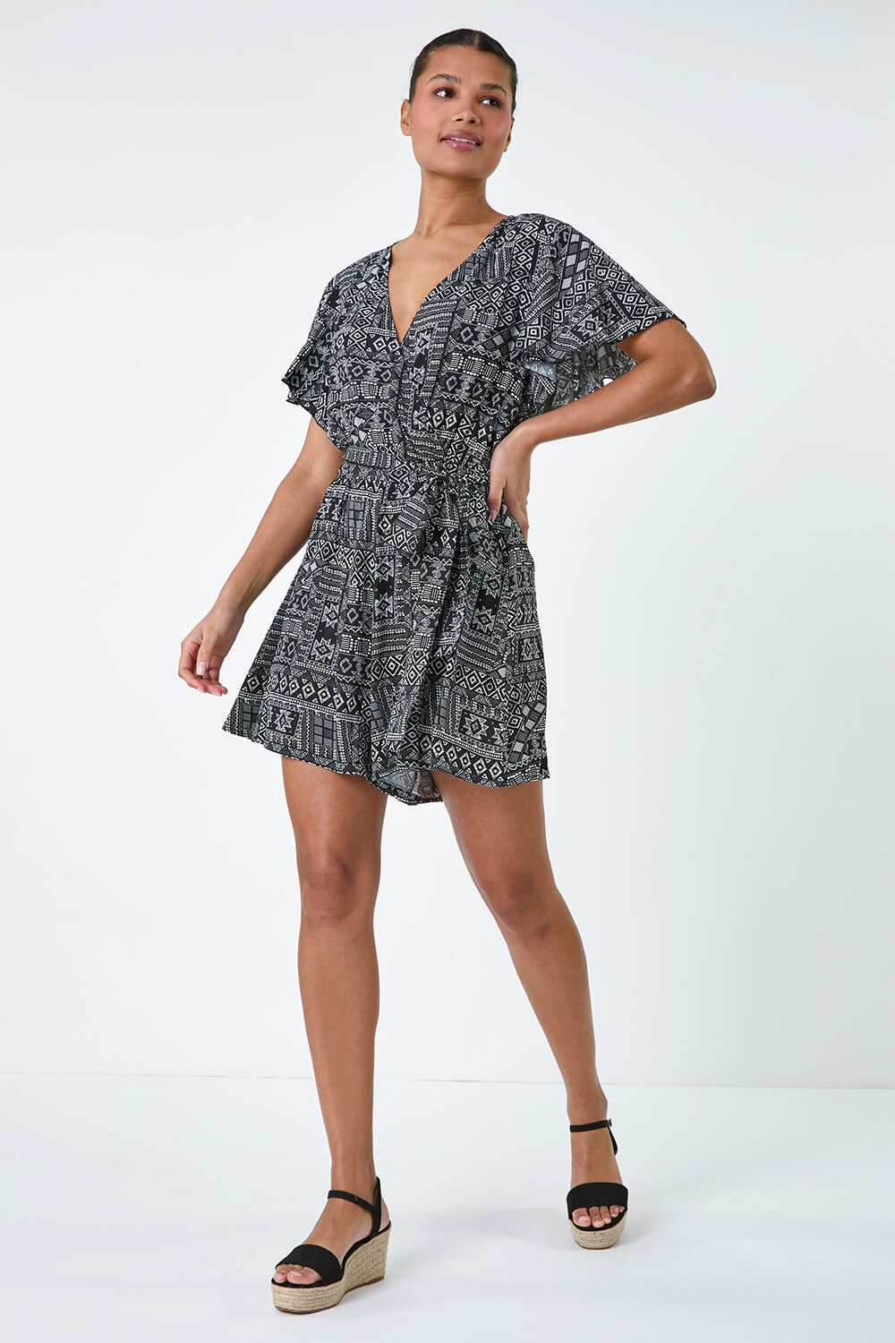 Black Aztec Print Wrap Wrap Playsuit