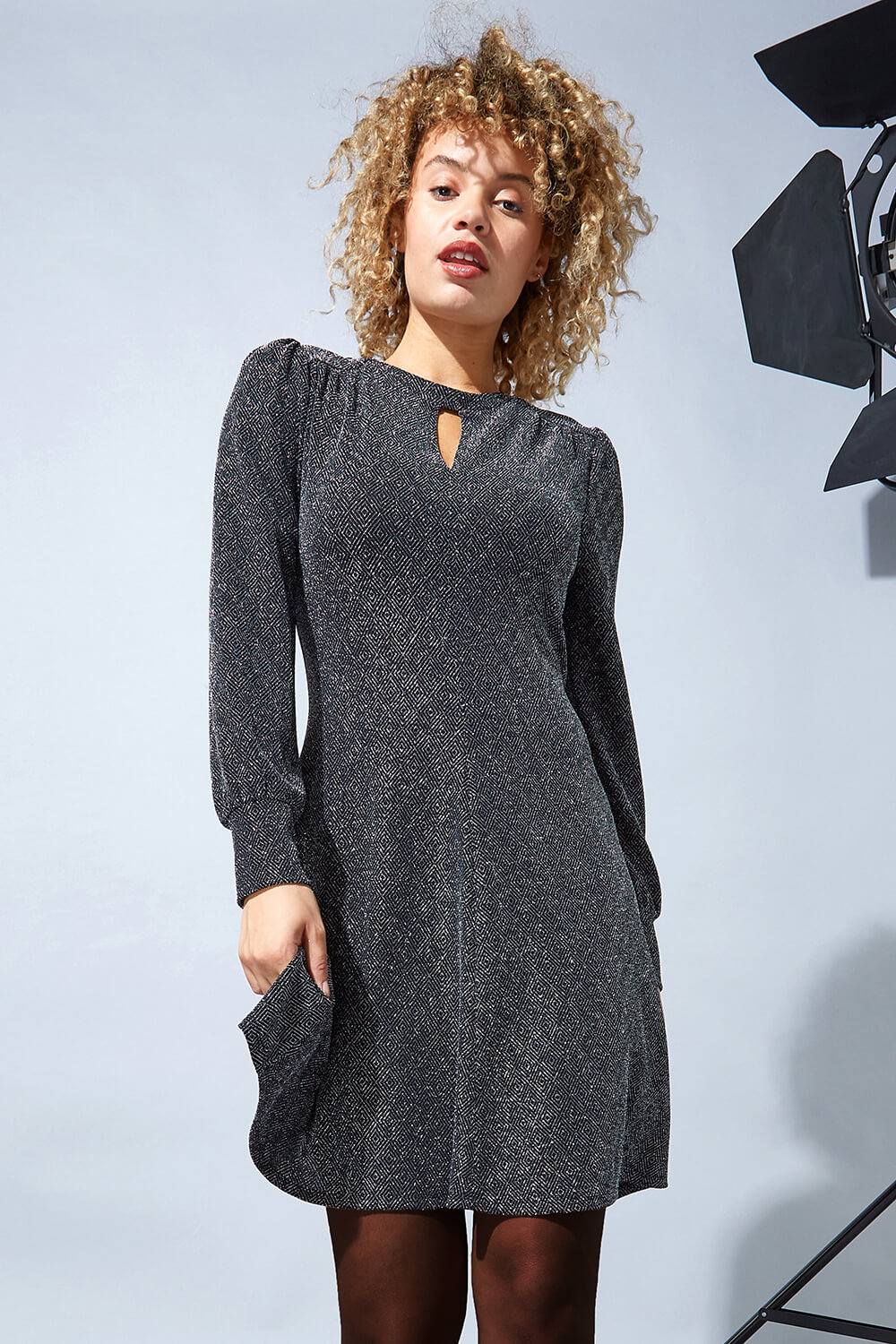 Black Keyhole Neck Sparkle Swing Dress