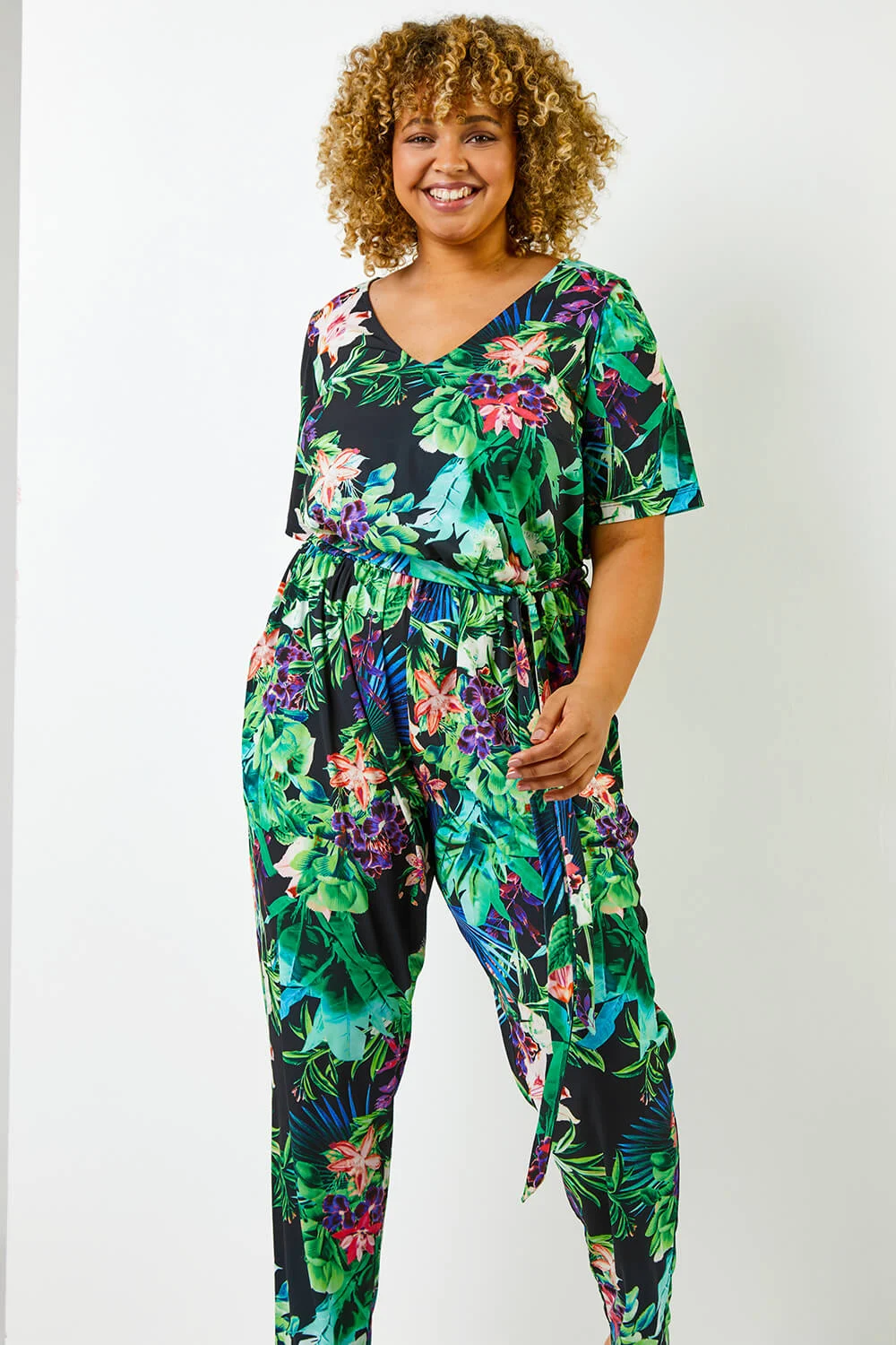Black Curve Tropical Print Jumpsuit