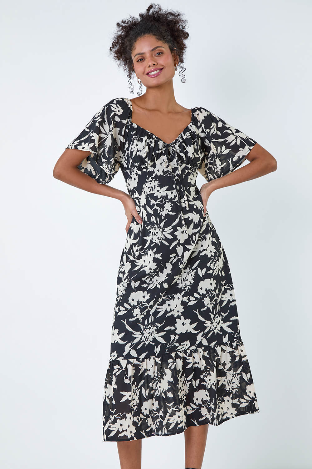Black Floral Print Frill Hem Midi Dress