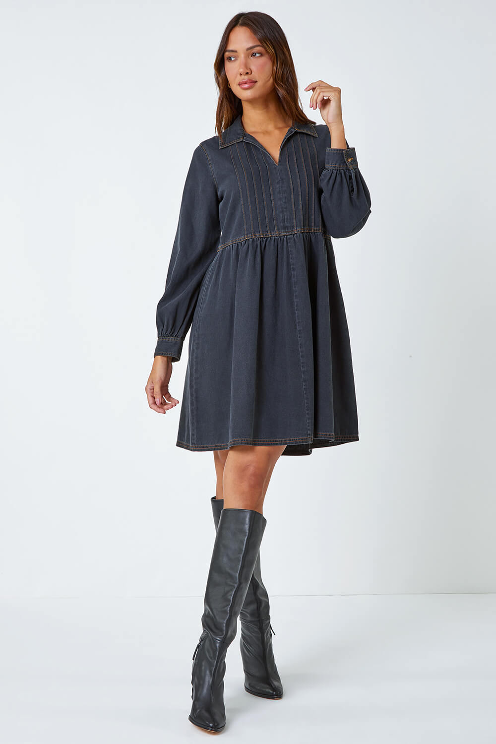 Black Cotton Blend Denim Shirt Dress