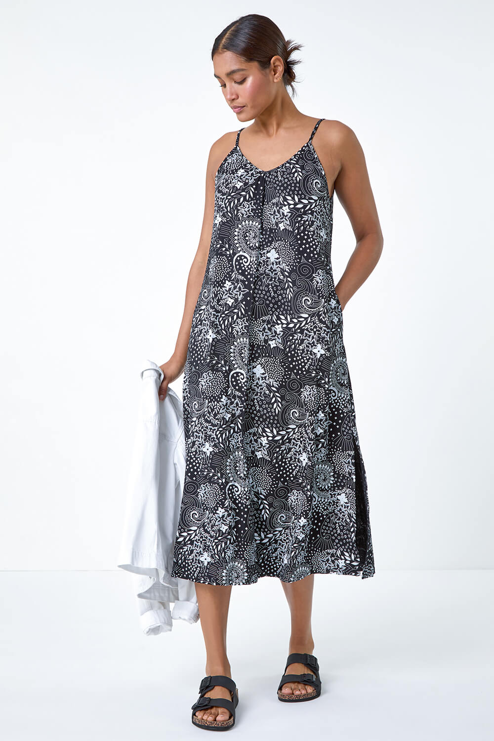 Black Abstract Strappy Swing Stretch Midi Dress