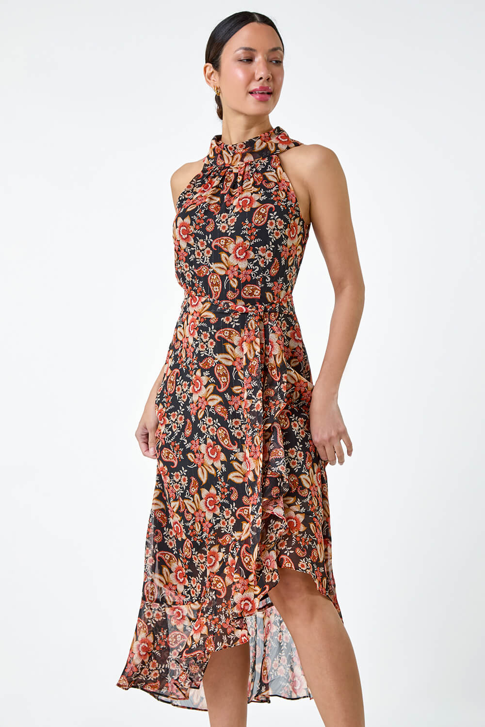 Black Metallic Foil Floral Halter Neck Midi Dress