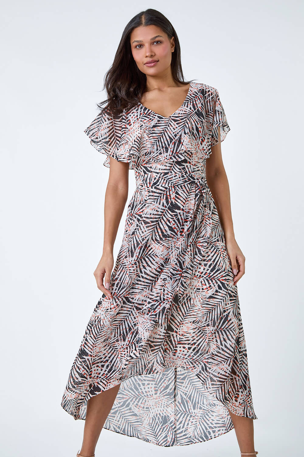 Black Leaf Print Chiffon Midi Wrap Dress