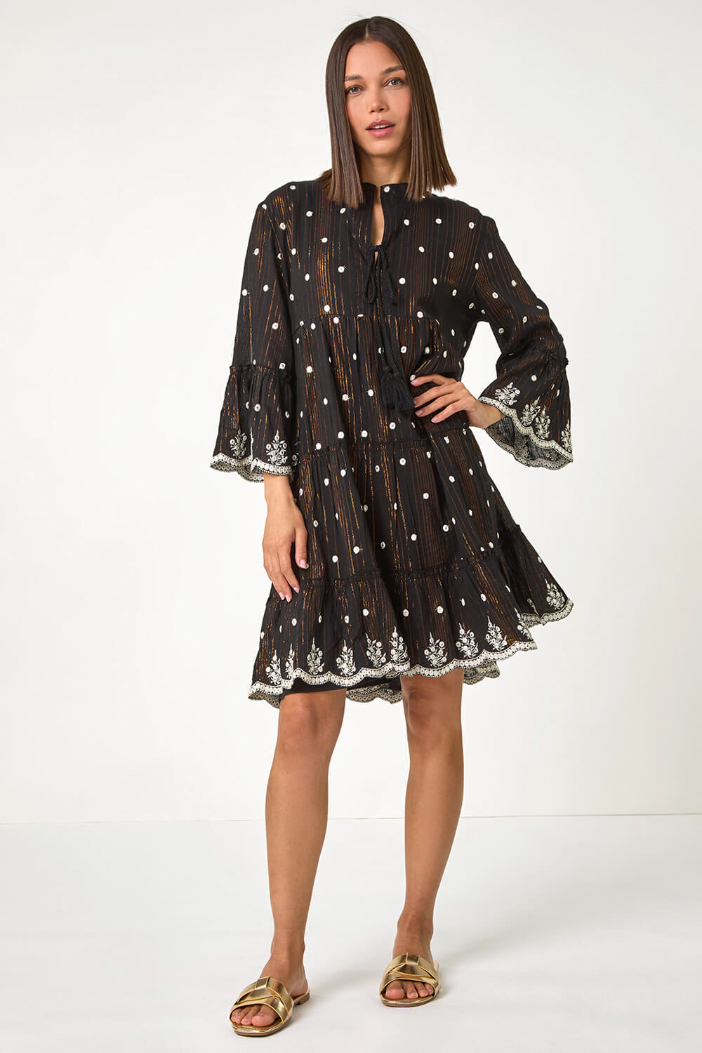 Black Mirrored Shimmer Detail Cotton Smock Dress