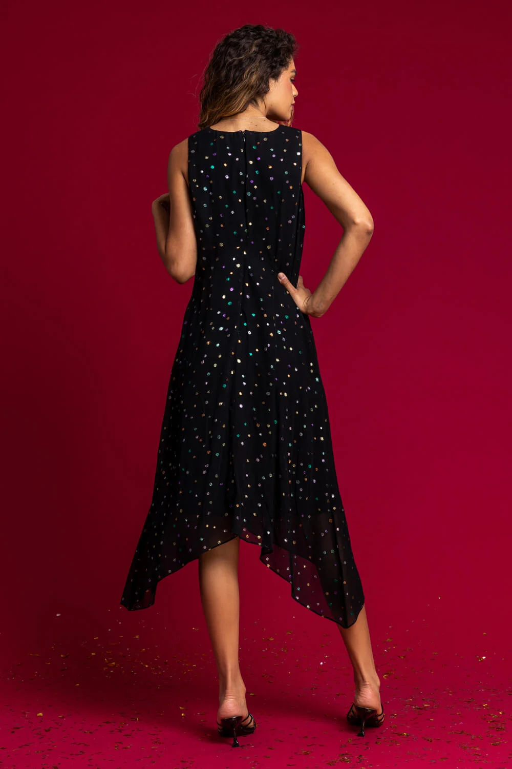 Black Foil Spot Hanky Hem Asymmetric Dress