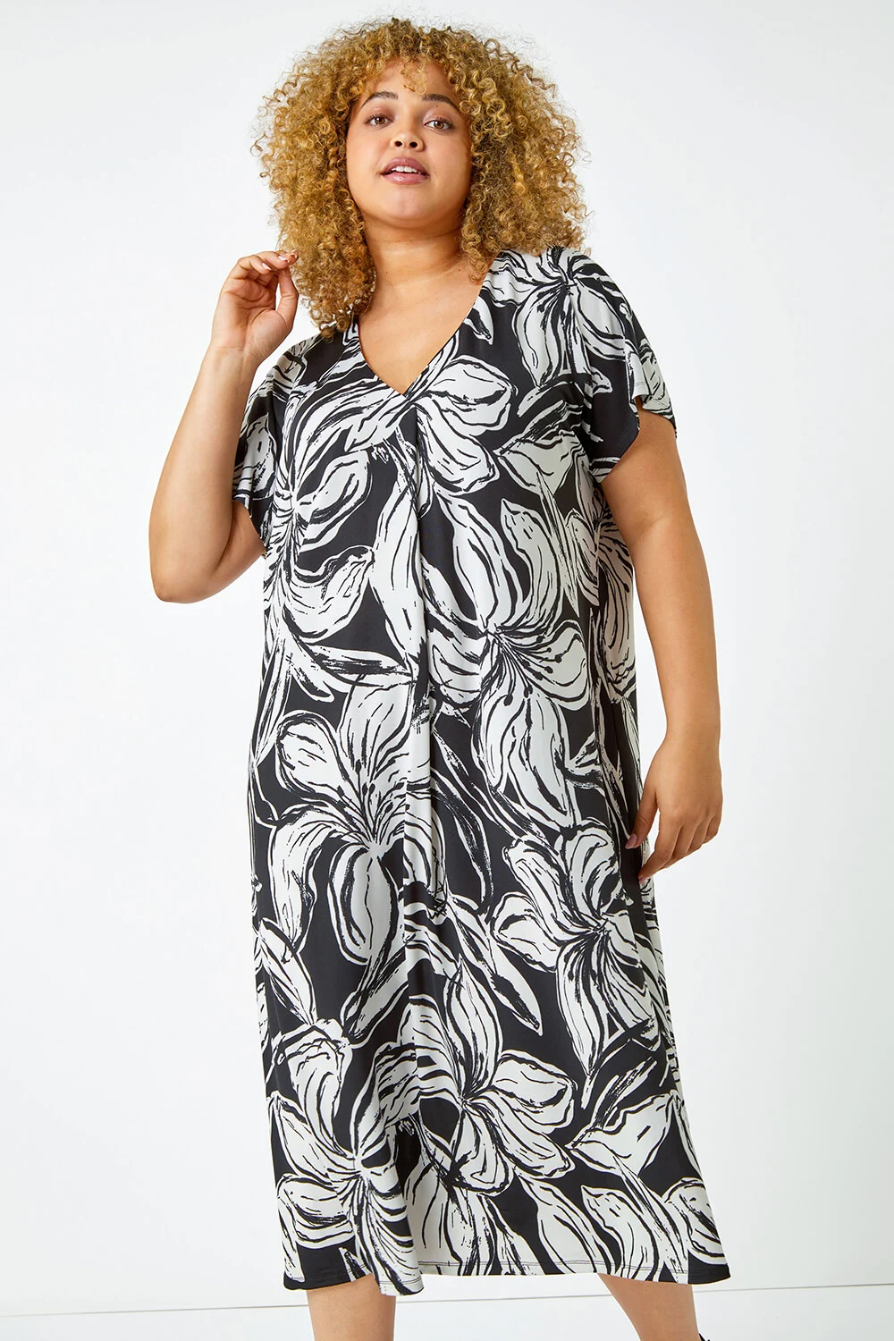 Black Curve Floral Midi Shift Dress