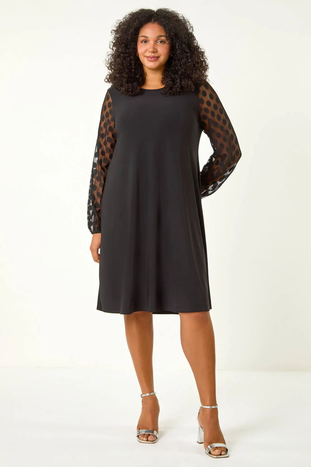 Black Curve Spot Stretch Mesh Swing Dress