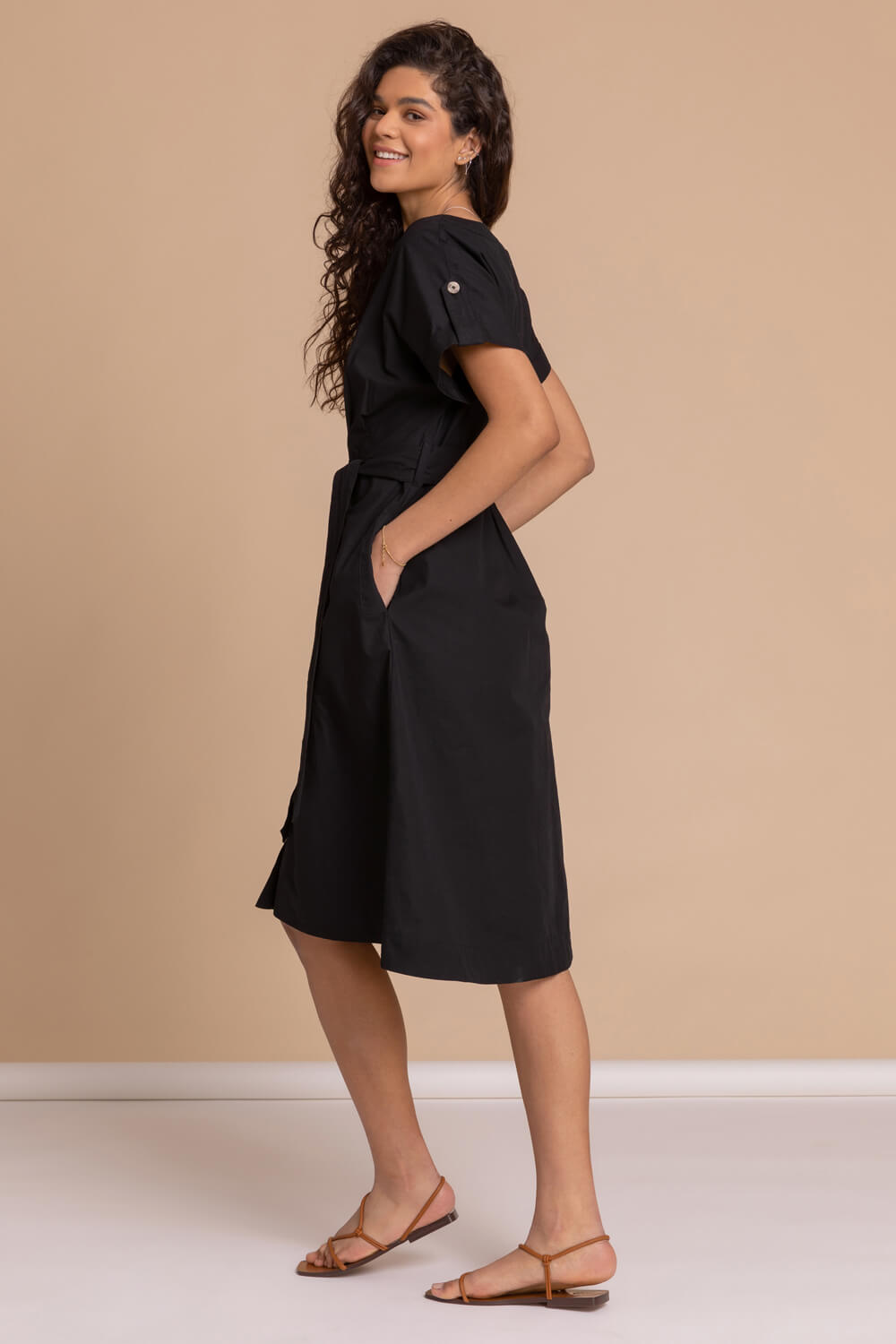 Black Cotton Belted Midi Shirt Dress