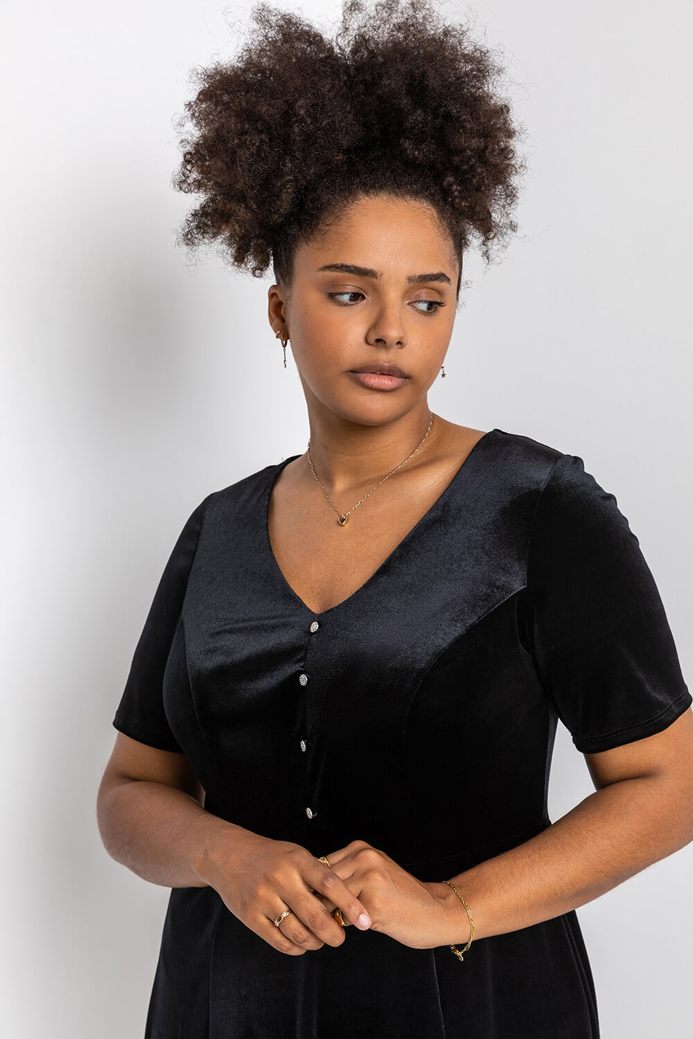 Black Curve Diamante Button Velvet Dress