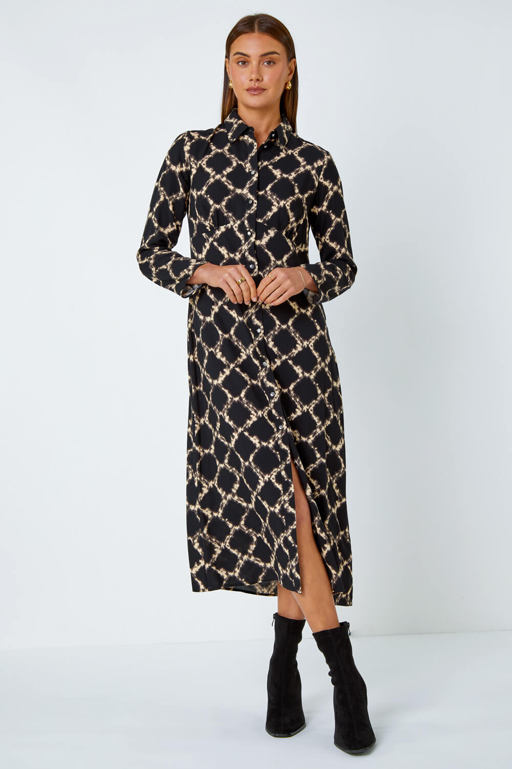 Black Chain Print Midi Shirt Dress