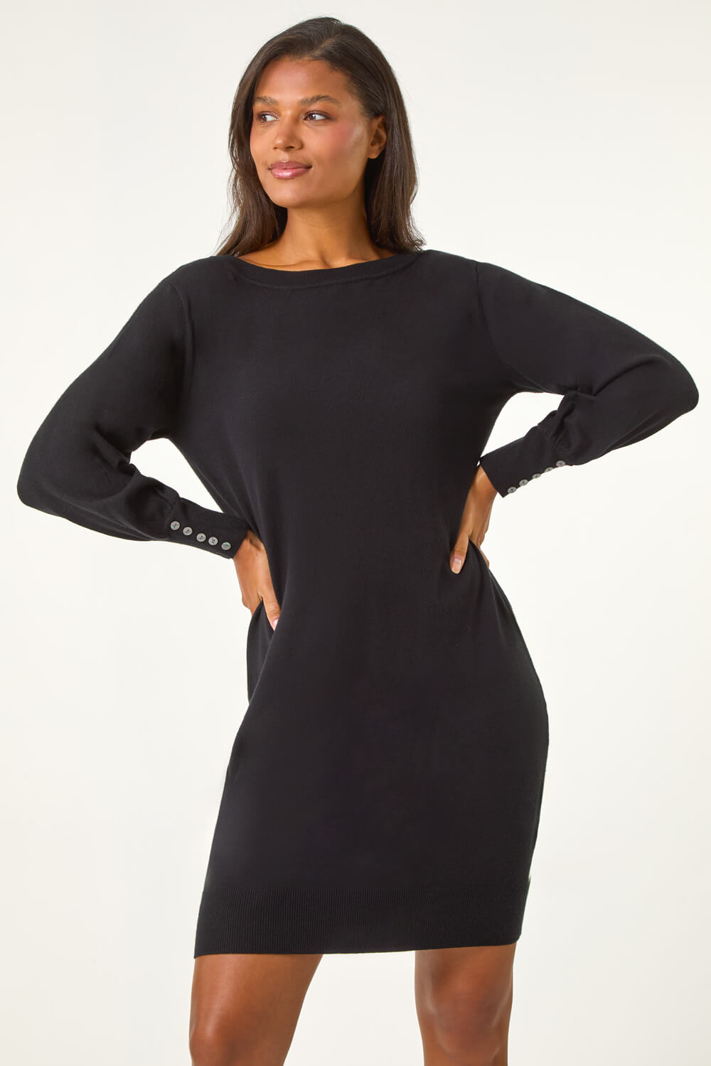 Black Button Detail Slash Neck Knitted Stretch Dress